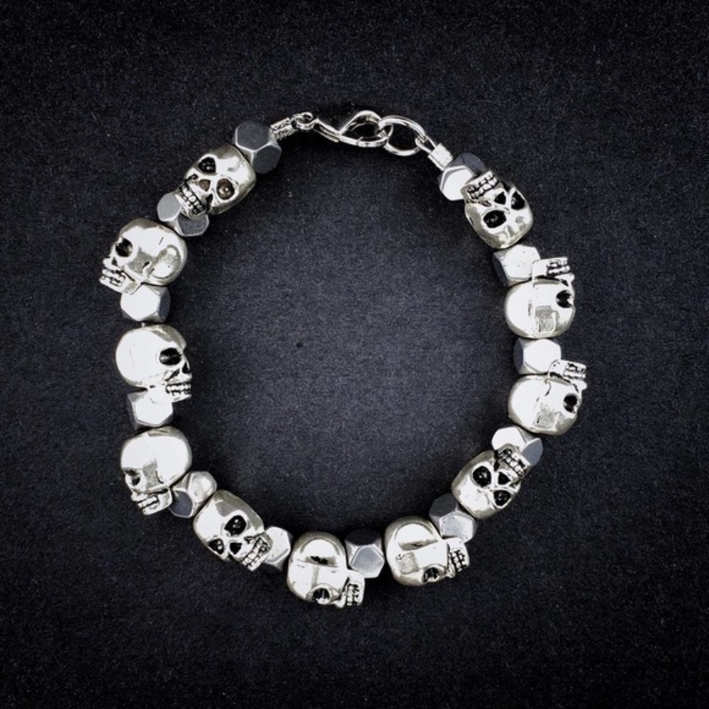 💀 Silver Skull & Hematite Beaded Bracelet Handmade Men’s Jewelry - Picture 2 of 5